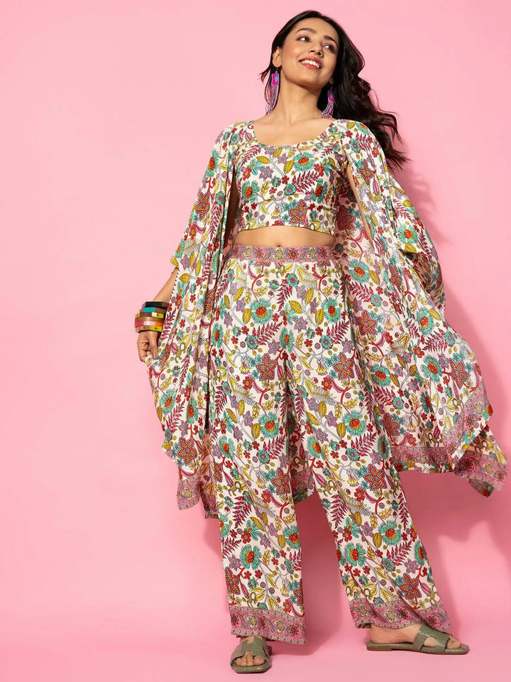 Cream Printed Silk Blend Co-Ords - Libas