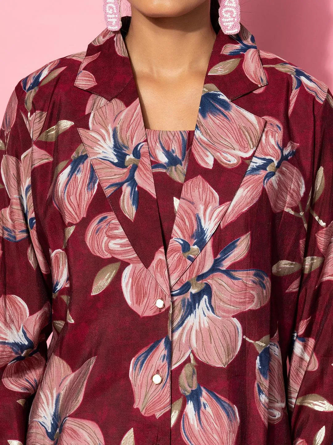 Maroon Printed Silk Blend Co-Ords - Libas 