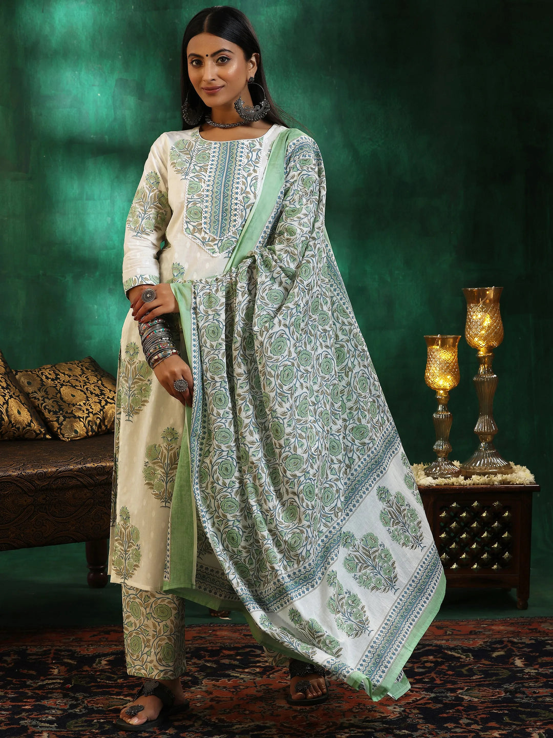  Off White Printed Cotton Straight Suit With Dupatta 