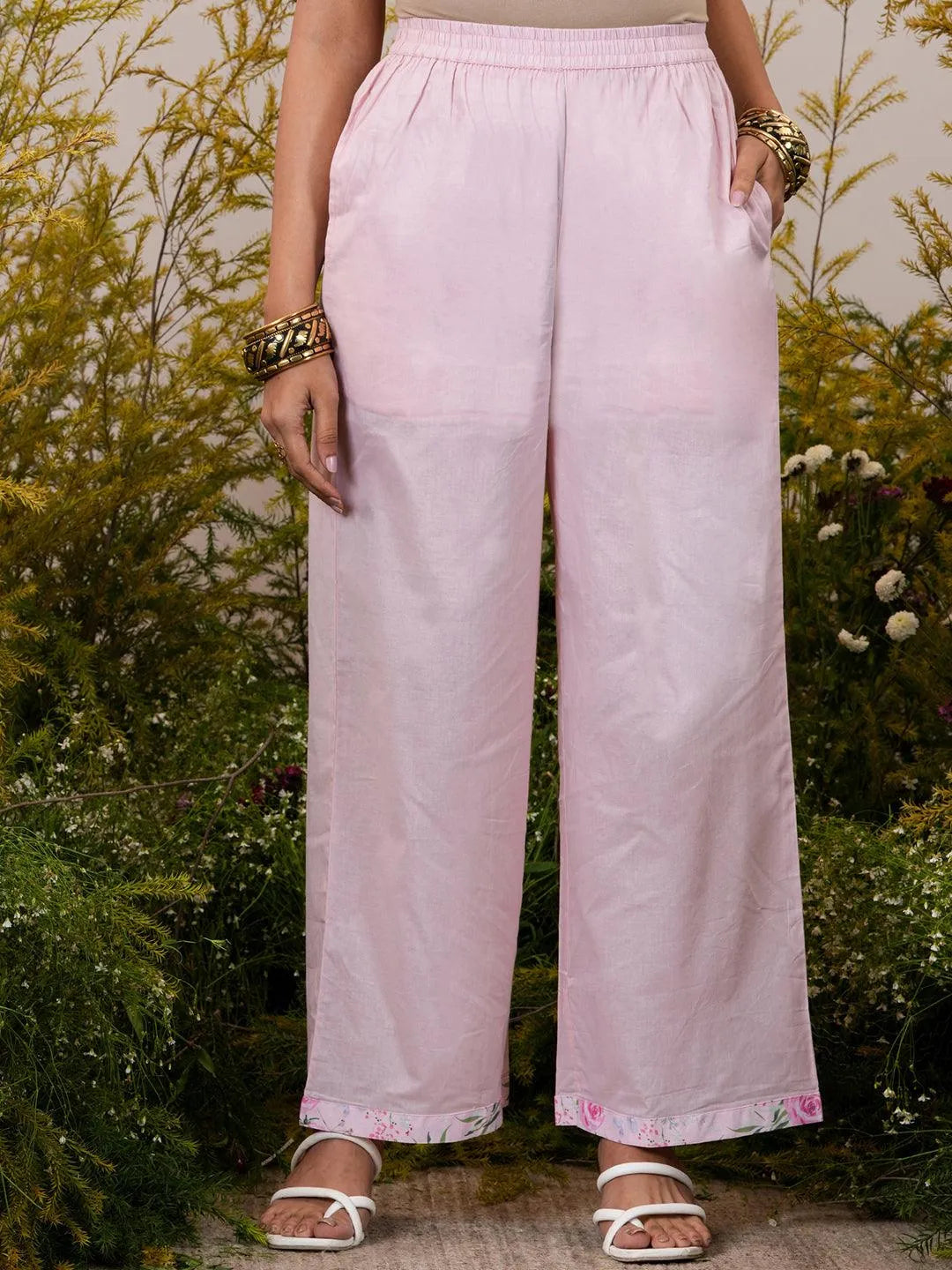 Pink Printed Cotton Blend A-Line Kurta With Palazzos & Dupatta - Libas 