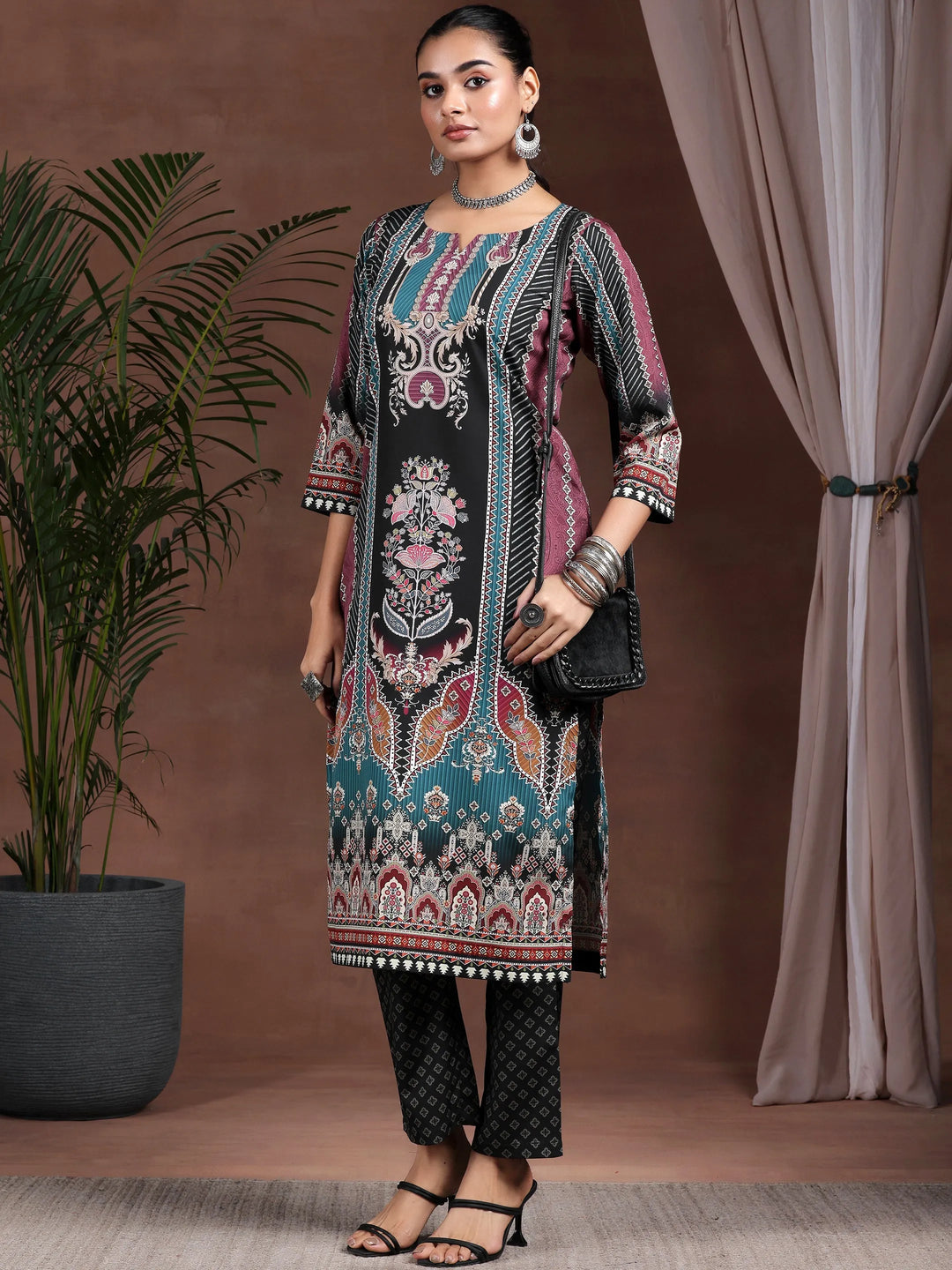  Black Printed Poly Crepe Straight Kurta Set 