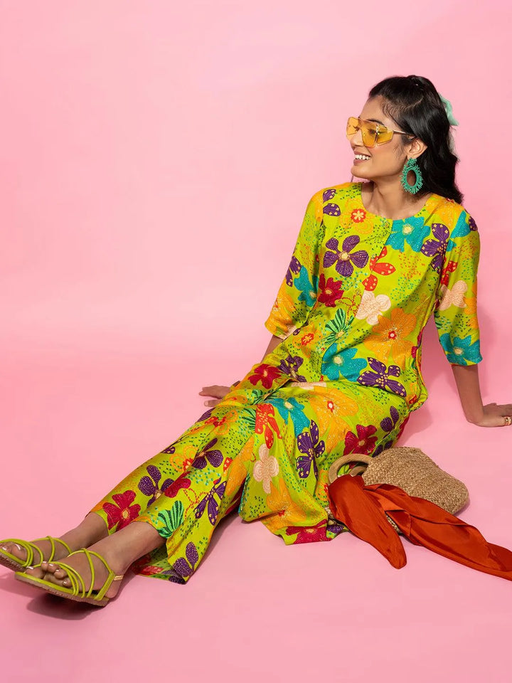 Green Printed Silk Blend Co-Ords - Libas