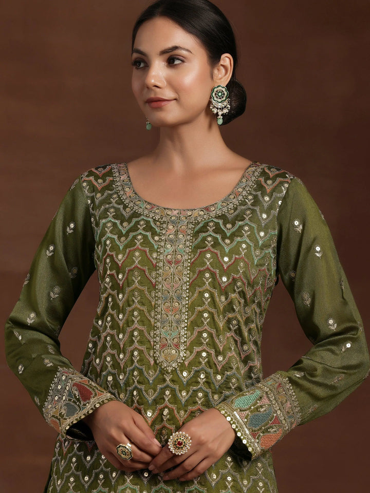 Olive Embroidered Silk Blend Straight Kurta With Palazzos & Dupatta - Libas
