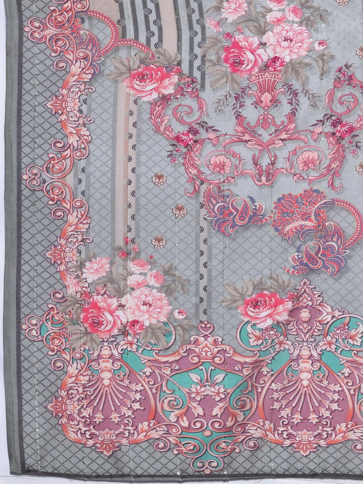 Grey Printed Silk Blend Straight Suit With Dupatta - Libas