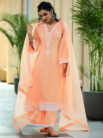 Peach Embroidered Silk Blend A-Line Kurta With Palazzos & Dupatta