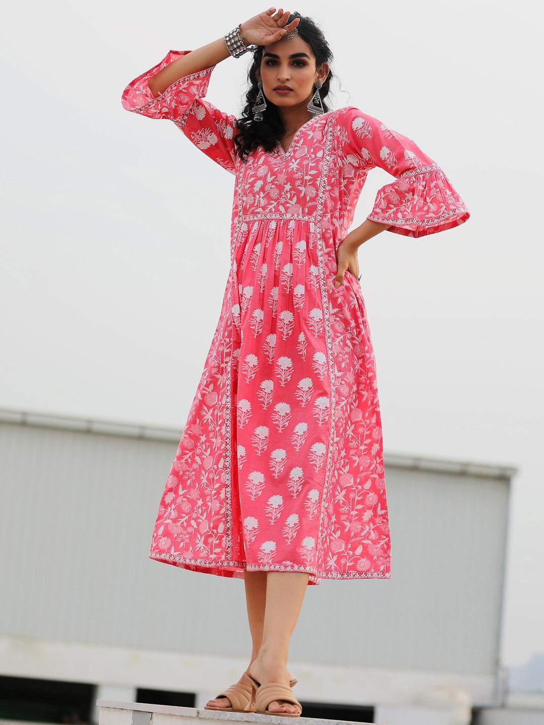 Pink Printed Cotton A-Line Dress - Libas