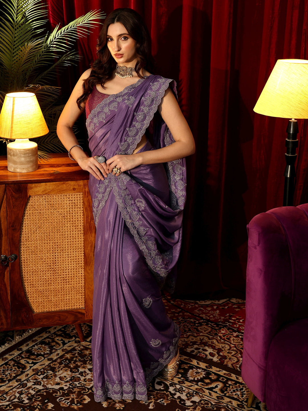  Amethyst Purple Embellished Satin Saree 
