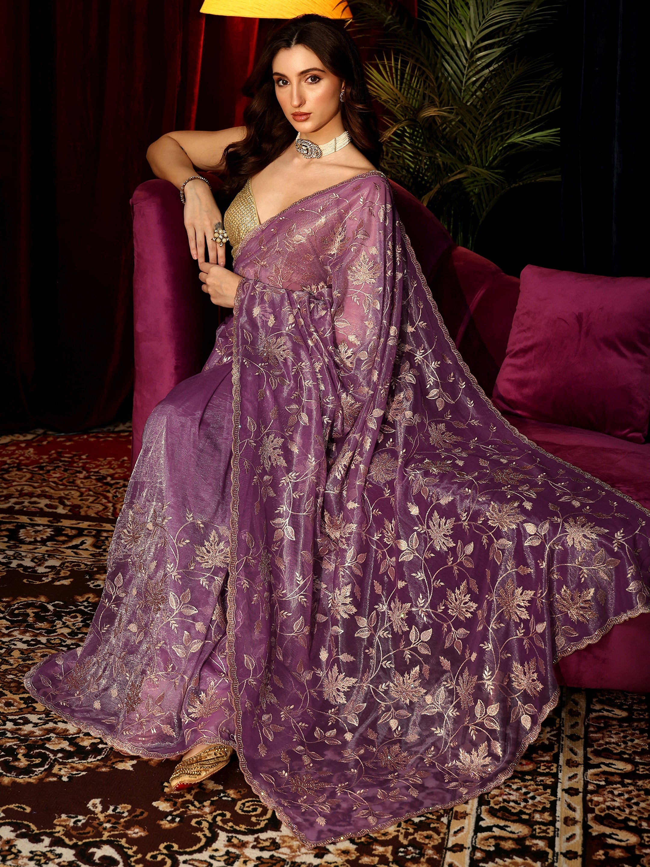 Libas Amethyst Purple Floral Embellished Net Saree-picture-54