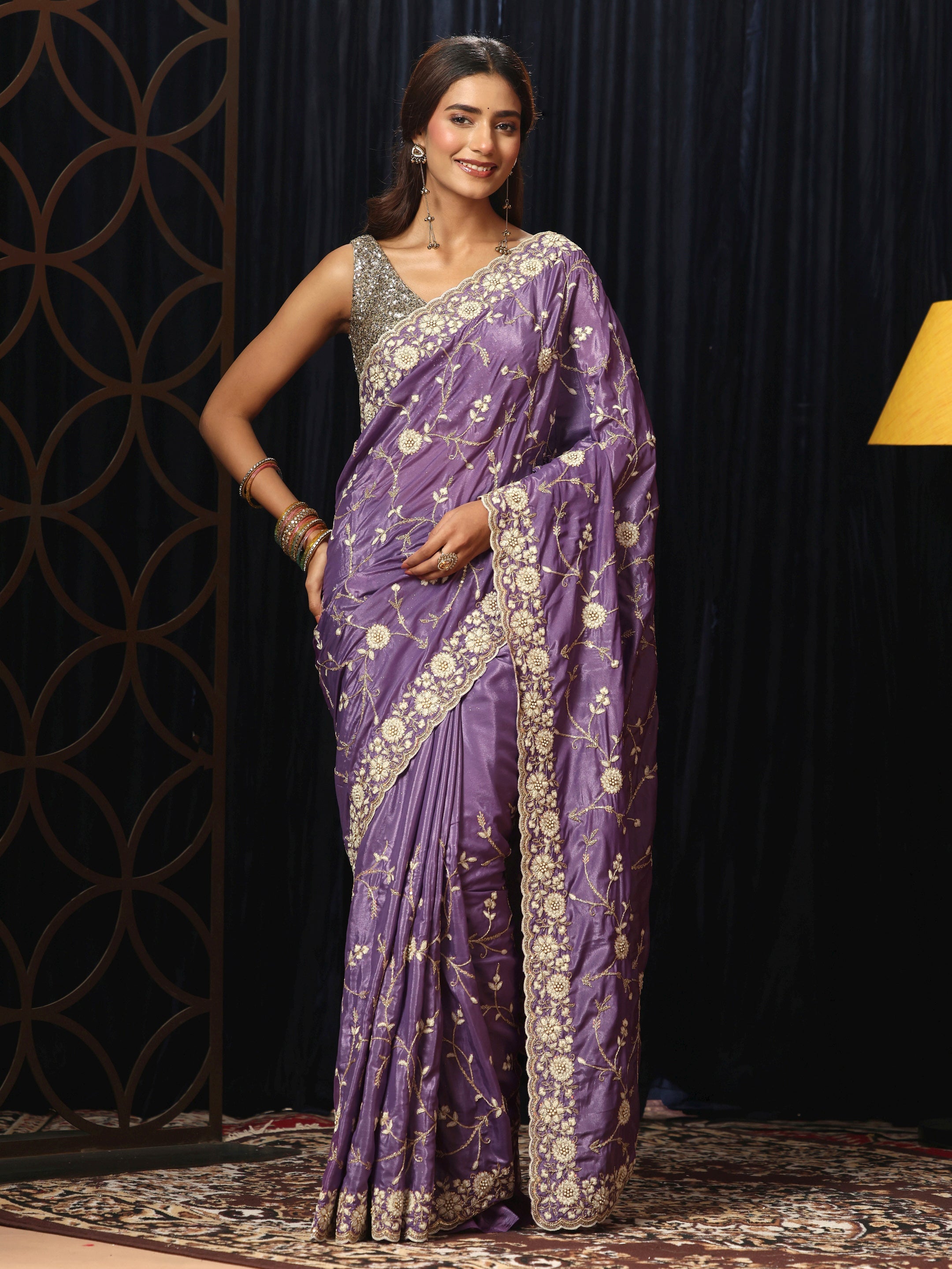 Libas Amethyst Purple Floral Embroidered Satin Saree-picture-44