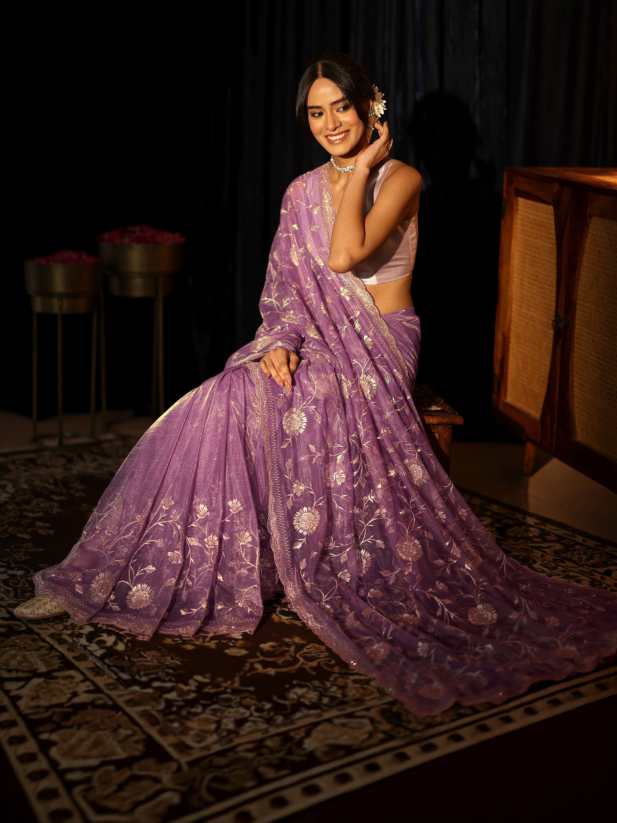 Libas Amethyst Purple Floral Net Saree-picture-12