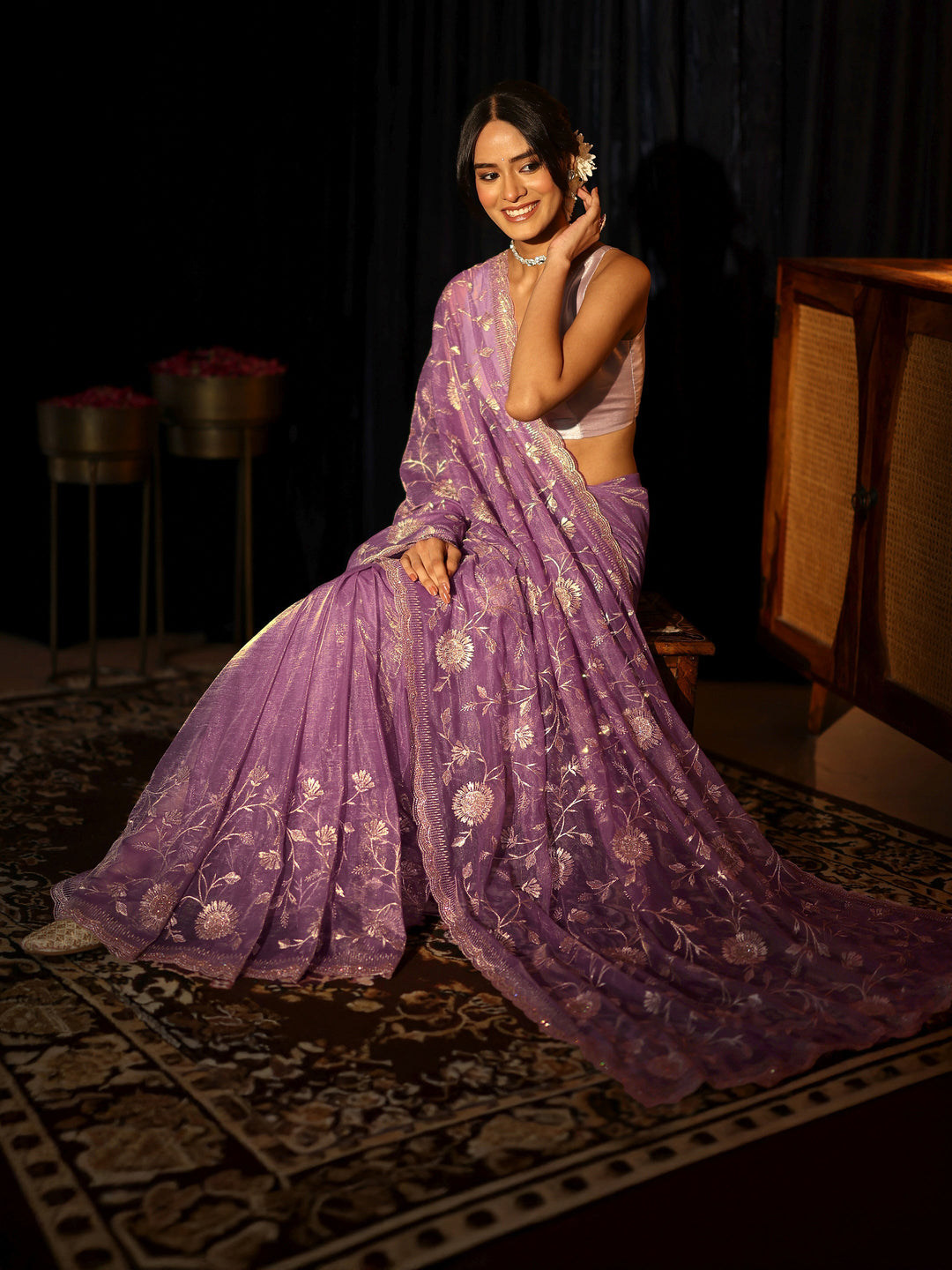 Amethyst Purple Floral Net Saree 