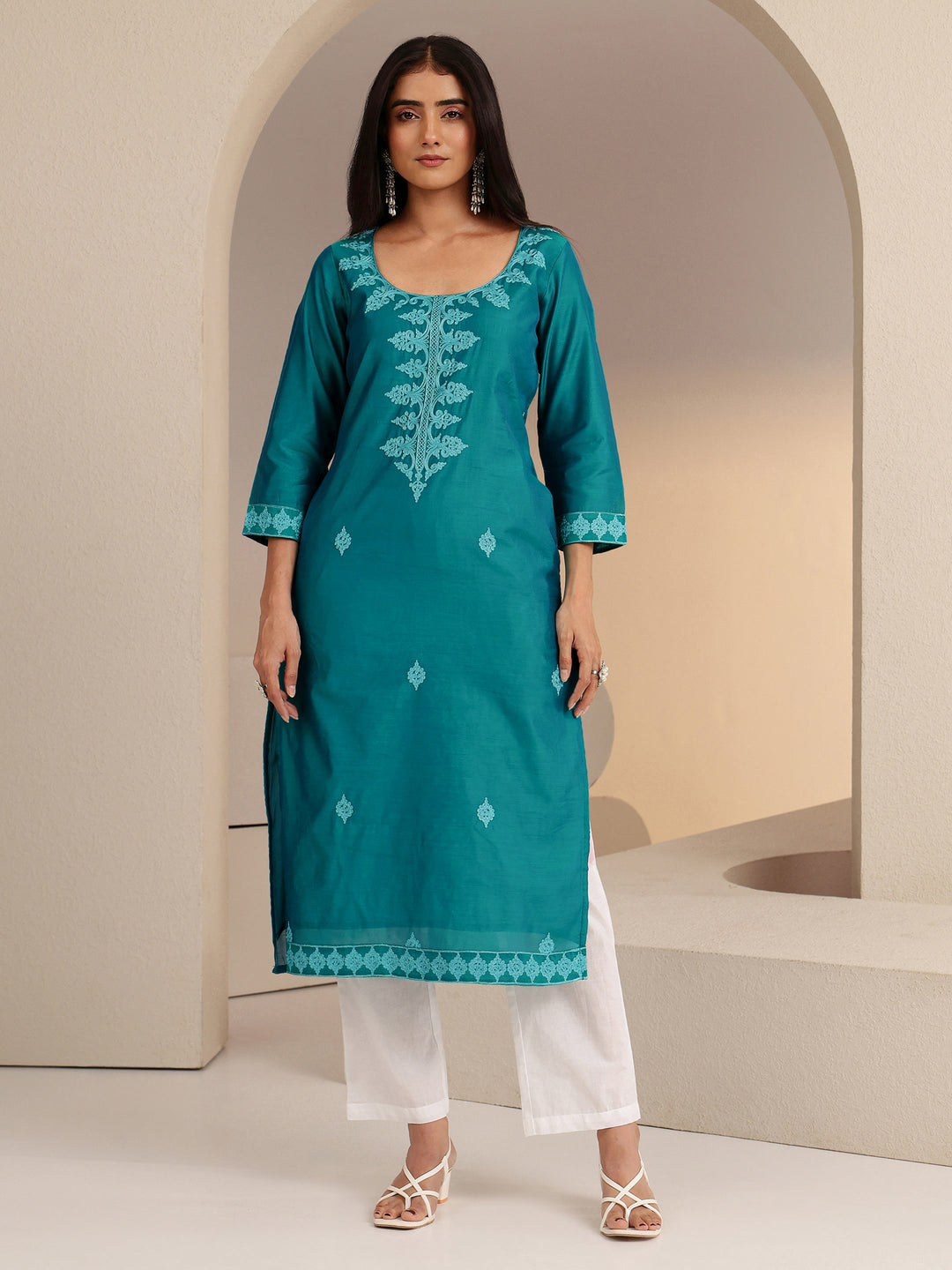  Aqua Blue Embroidered Silk Blend Straight Kurta 
