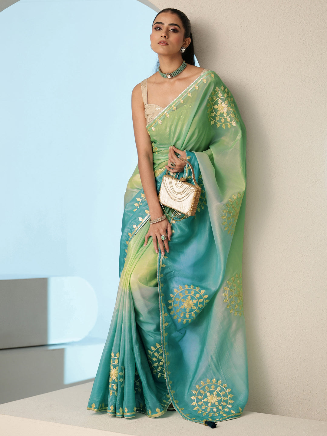  Aqua Blue Ethnic Embroidered Ombre Satin Saree 