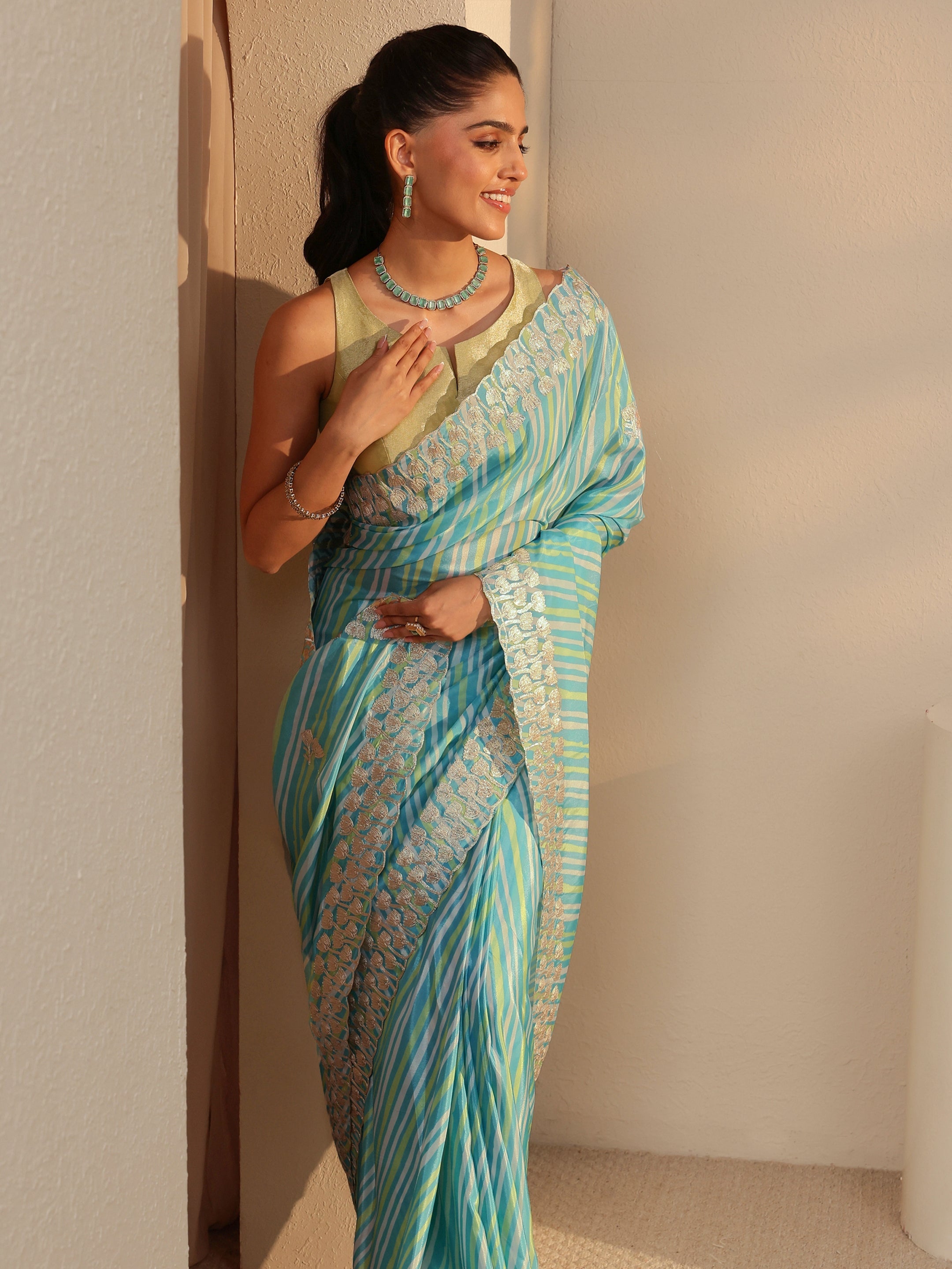 libas Aqua Blue Leheriya Printed Satin Saree-picture-33