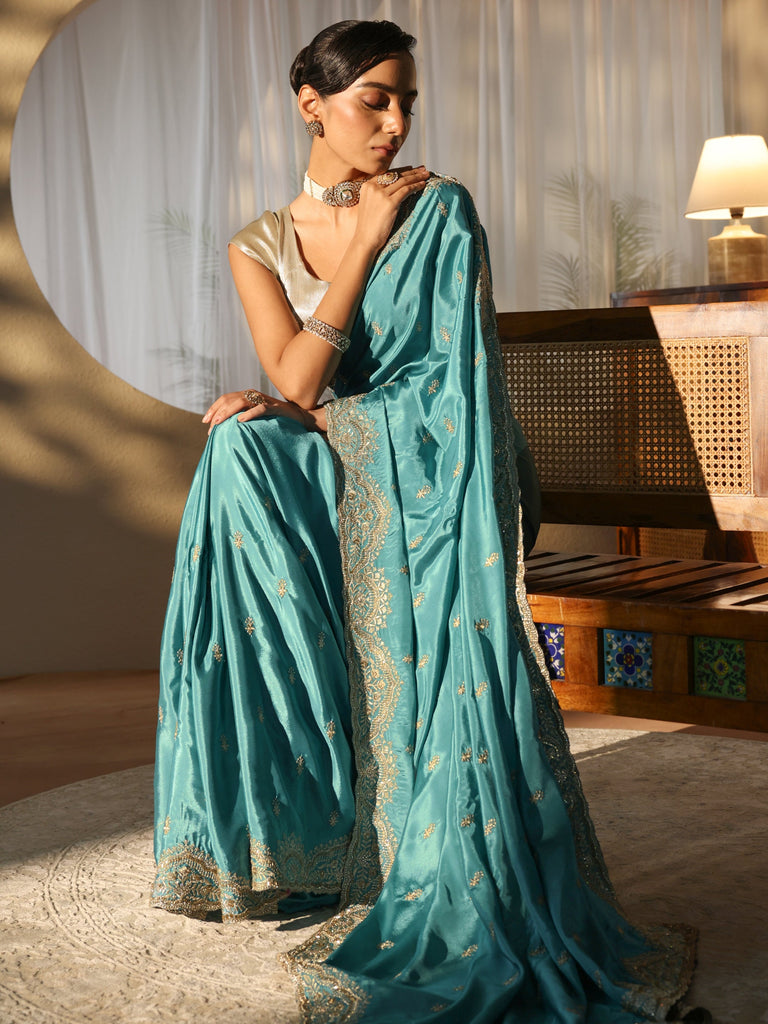 Libas Aqua Blue Floral Embroidered Satin Saree