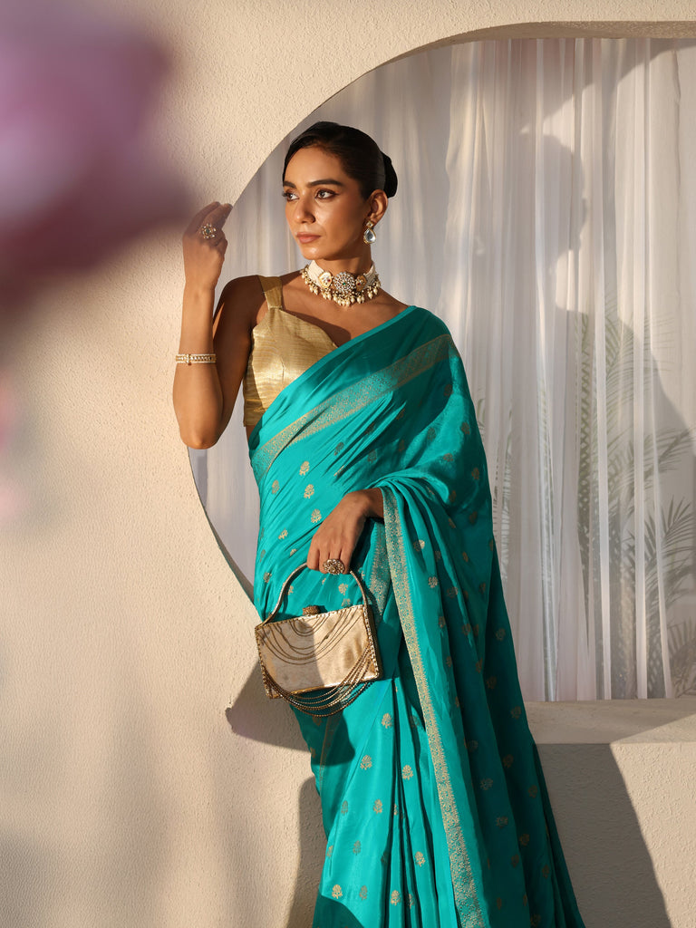 Libas Aqua Blue Woven Design Silk Blend Saree