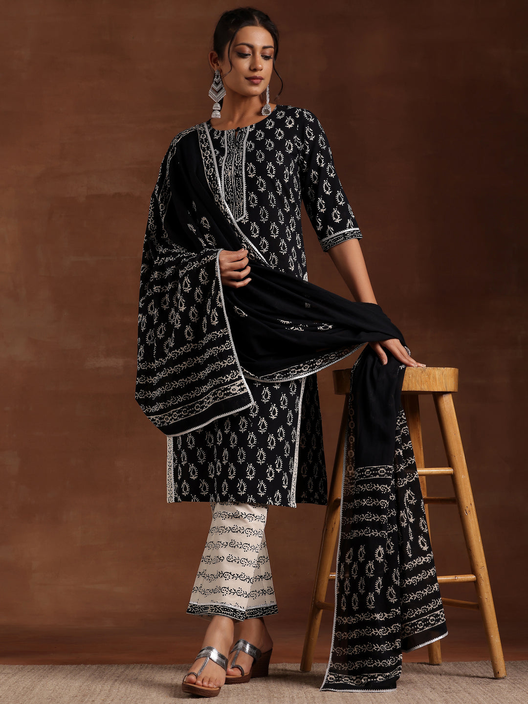  Black Printed Cotton Straight Suit With Dupatta 