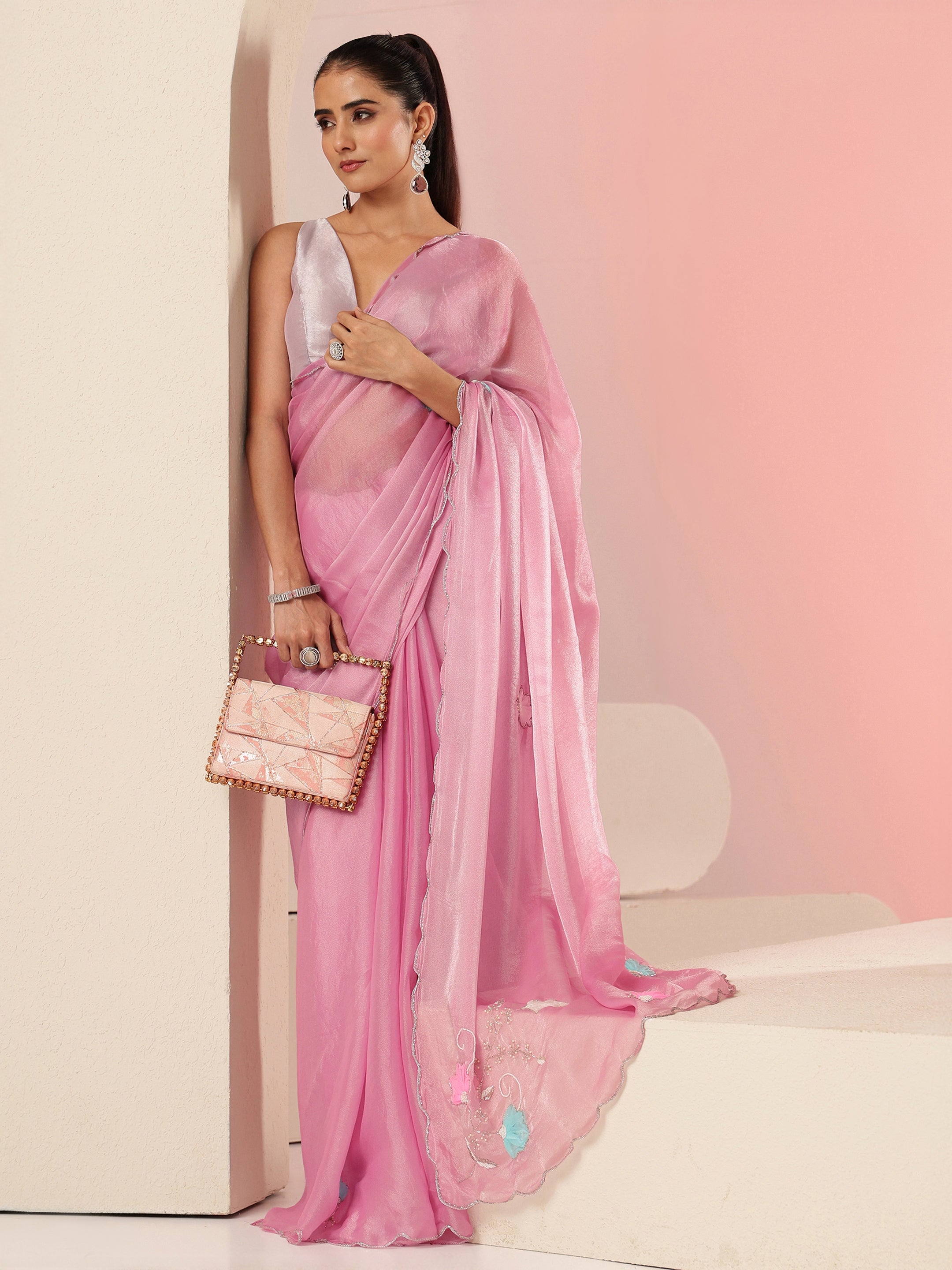 Libas Baby Pink Floral Embellished Silk Blend Saree-picture-20