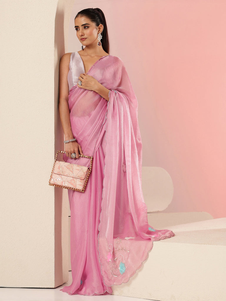 Libas Baby Pink Floral Embellished Silk Blend Saree
