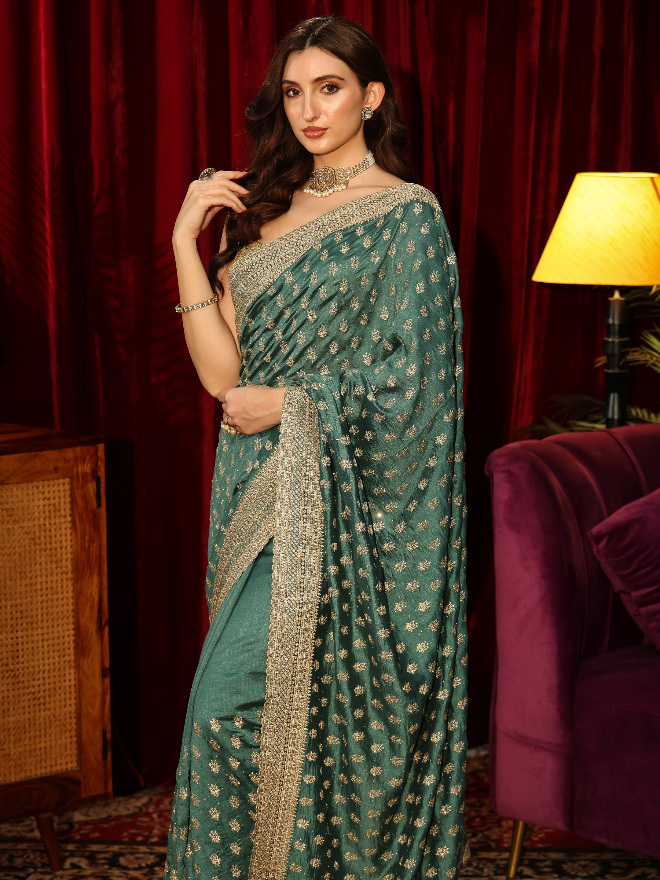 Libas Basil Green Embellished Silk Blend Saree-picture-56