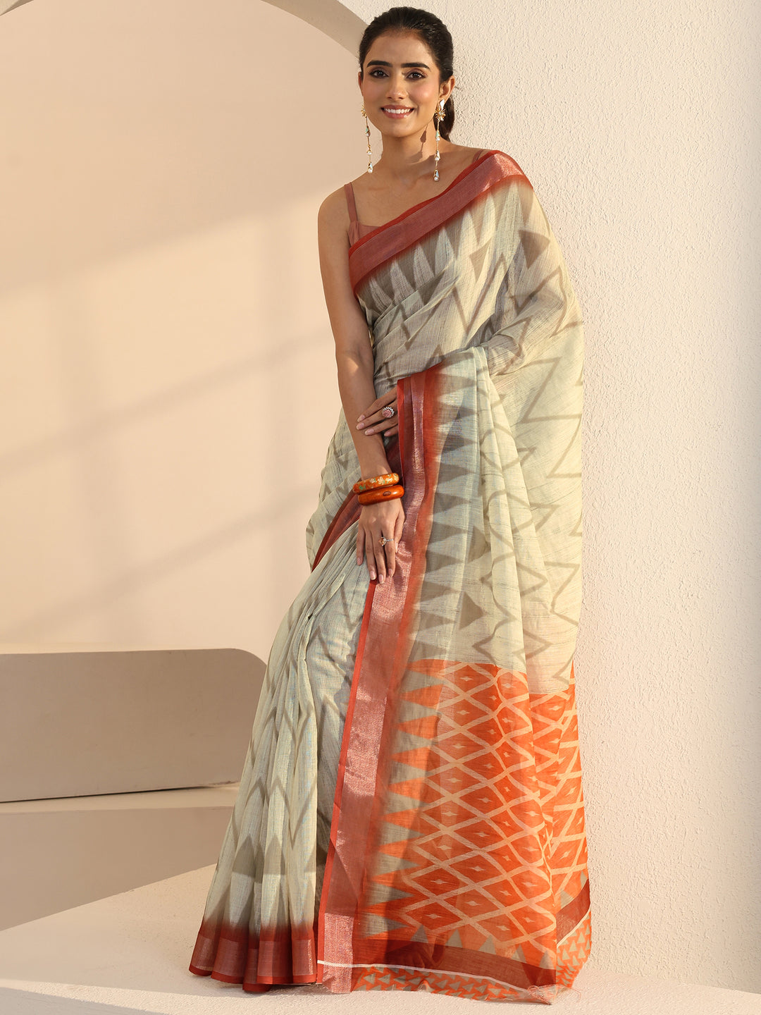  Beige Chevron Print Cotton Blend Saree 