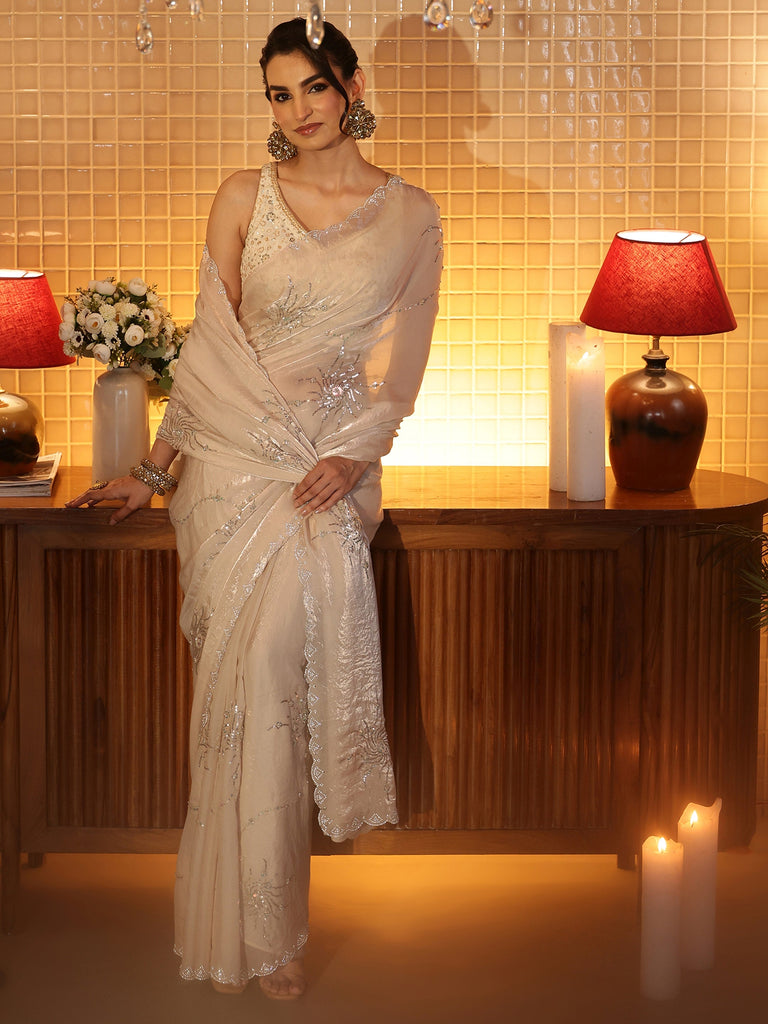 Libas Beige Embellished Silk Blend Saree