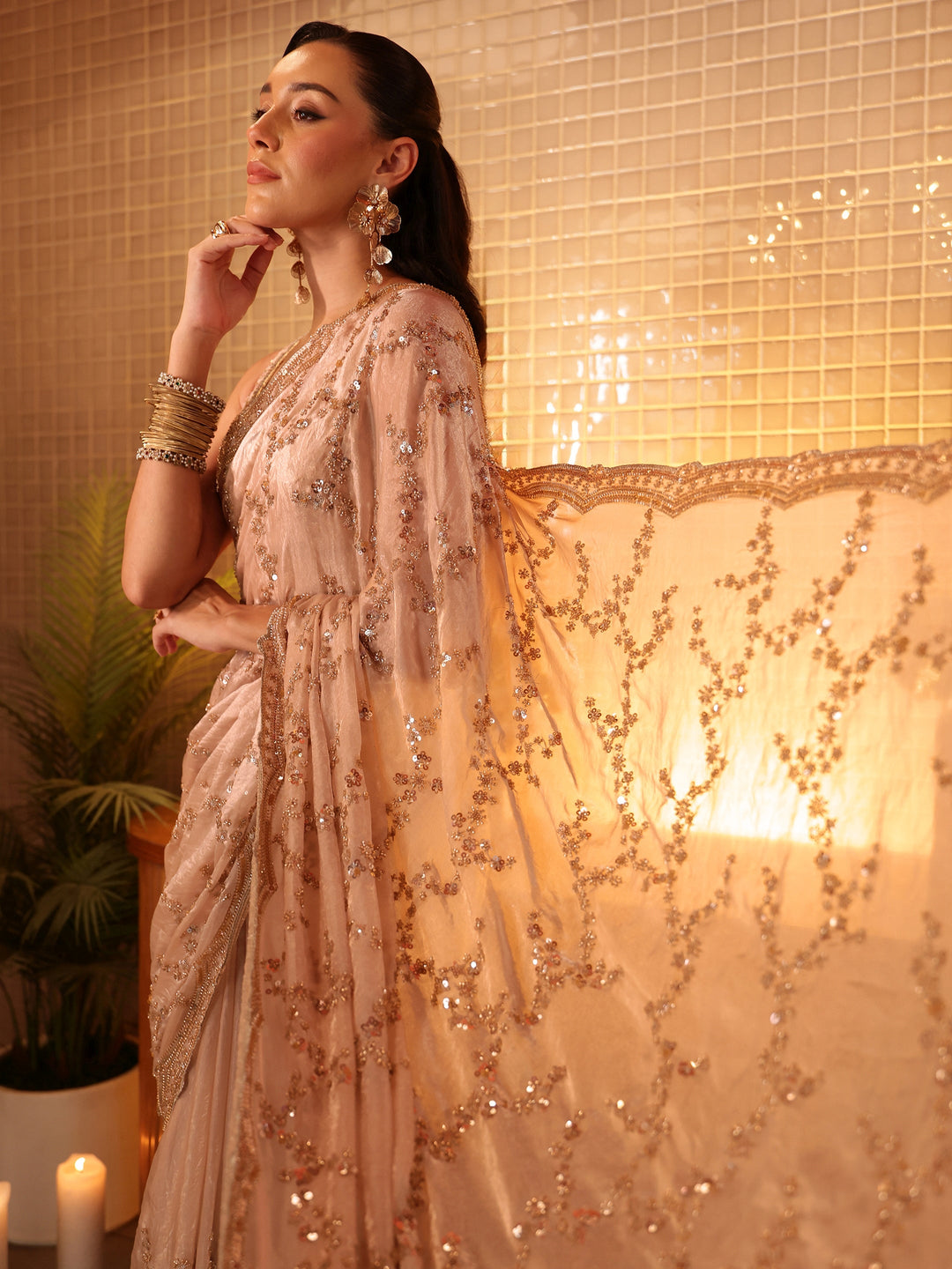  Beige Floral Embellished Tissue Saree 