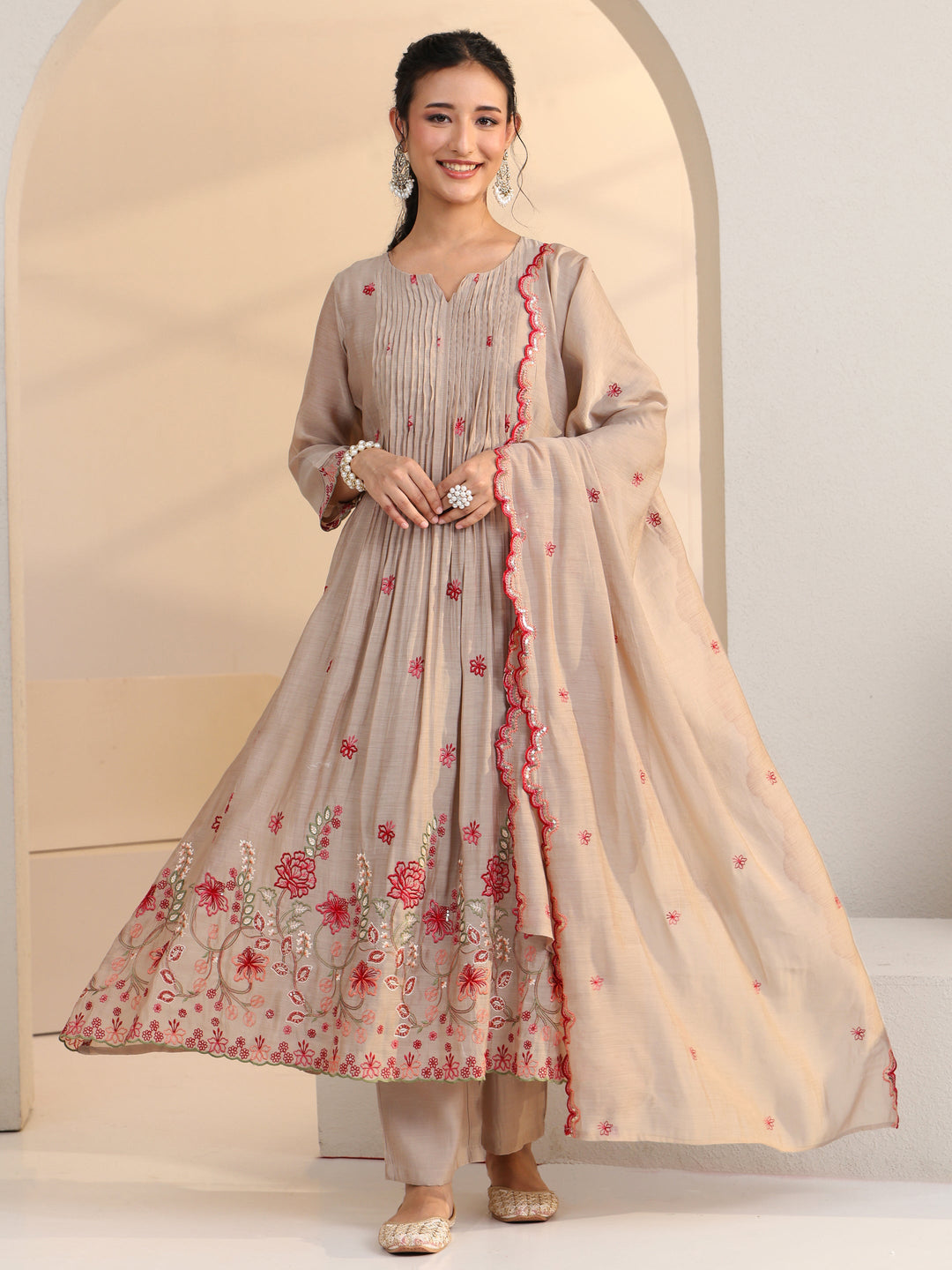  Beige Floral Embroidered Chanderi Cotton A-Line Suit Set 