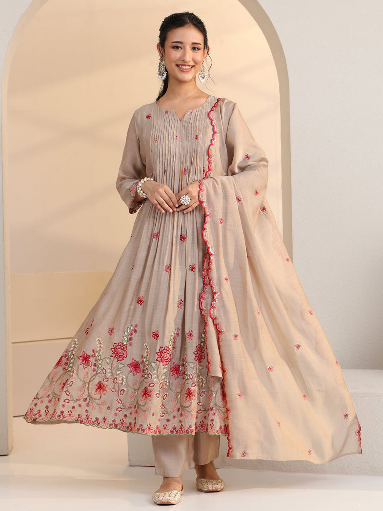 Libas Beige Floral Embroidered Chanderi Cotton A-Line Suit Set