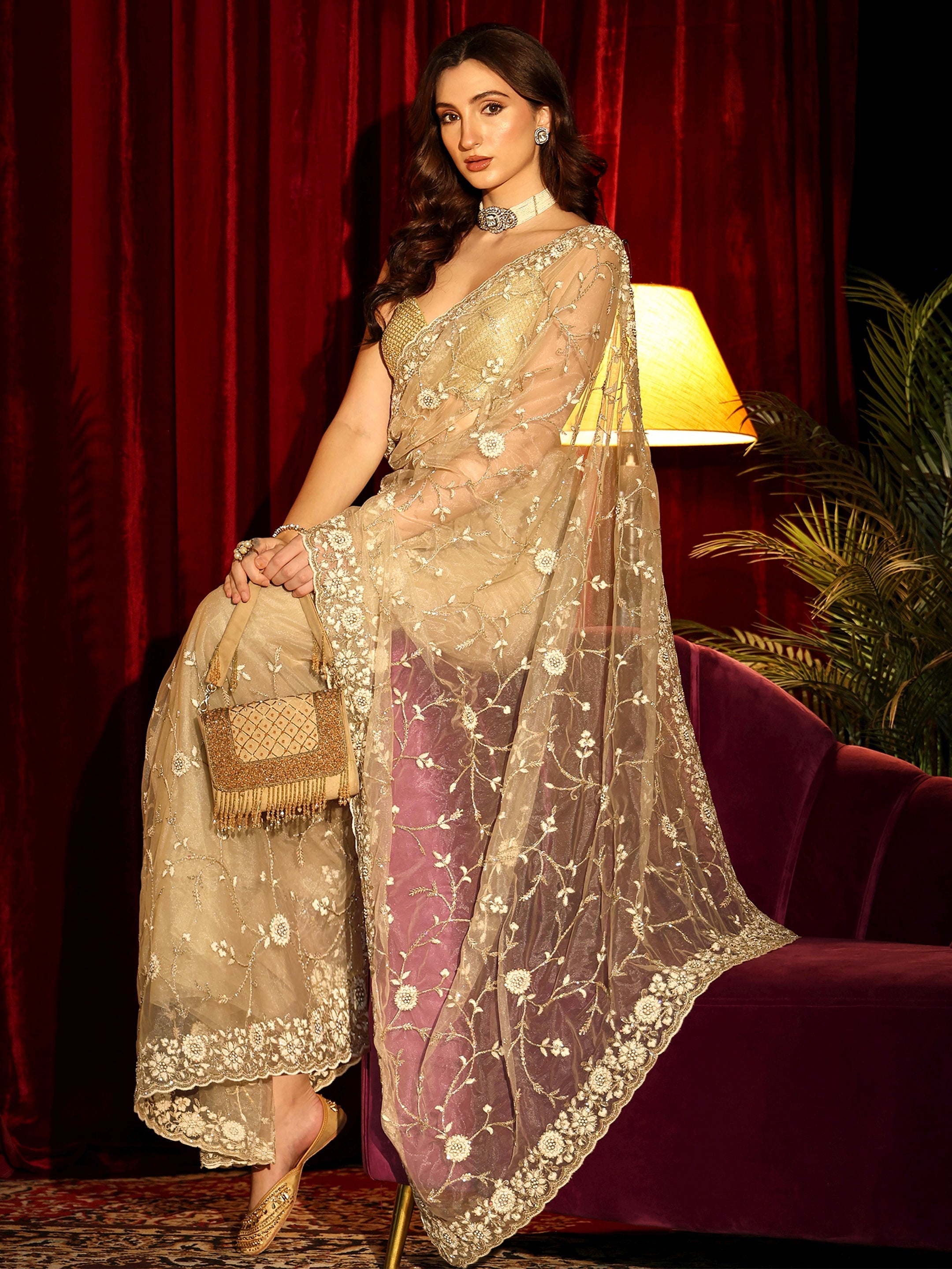 Libas Beige Floral Embroidered Net Saree-picture-28