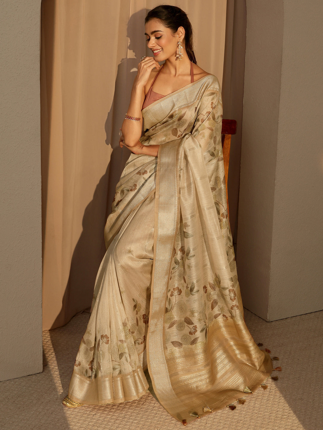  Beige Floral Printed Cotton Blend Saree 