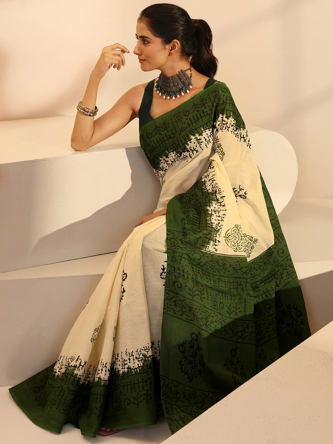  Ombre Beige and Green Block Floral Printed Cotton Saree 