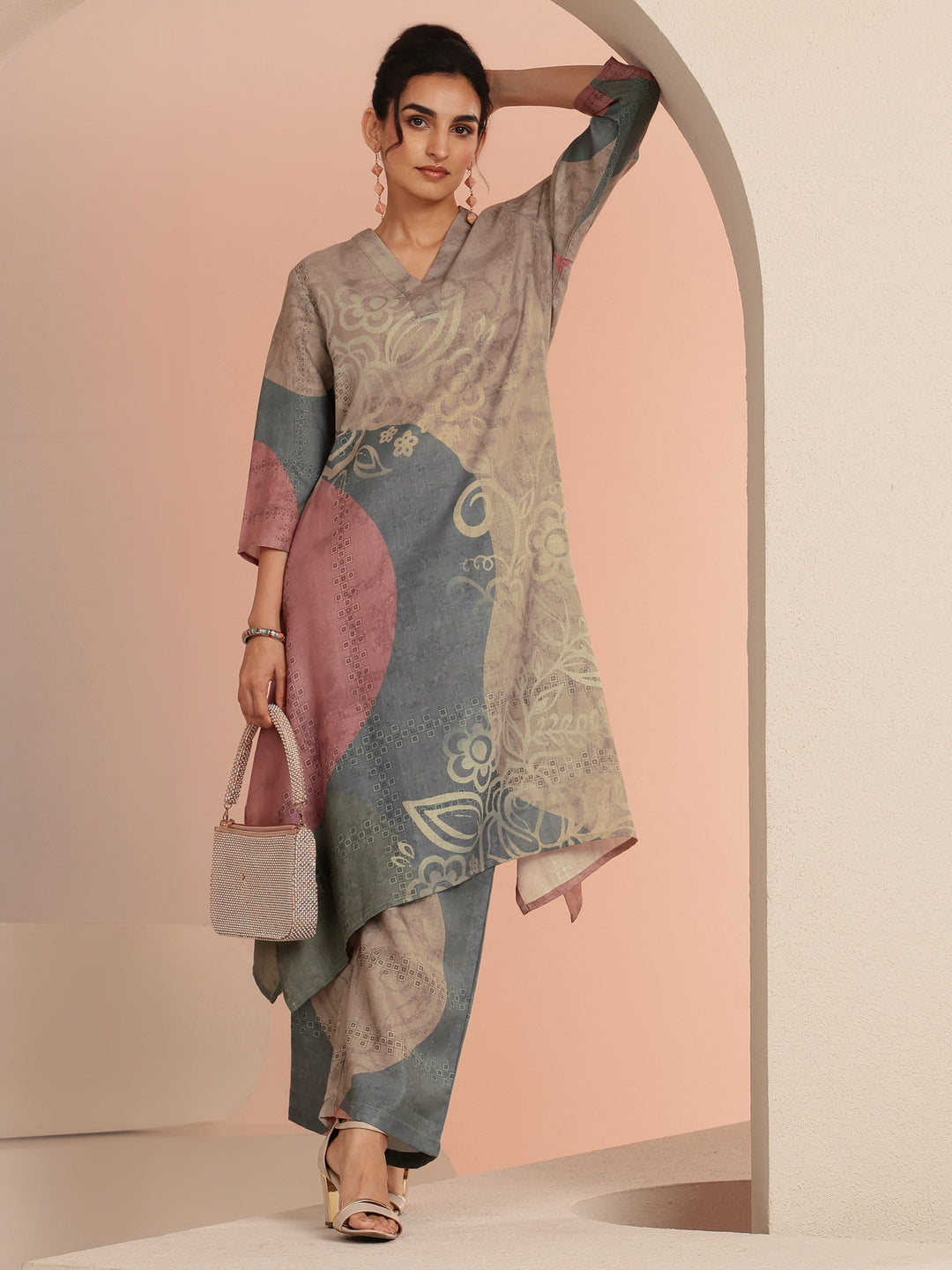  Beige Floral Printed Linen A-Line Kurta Set 