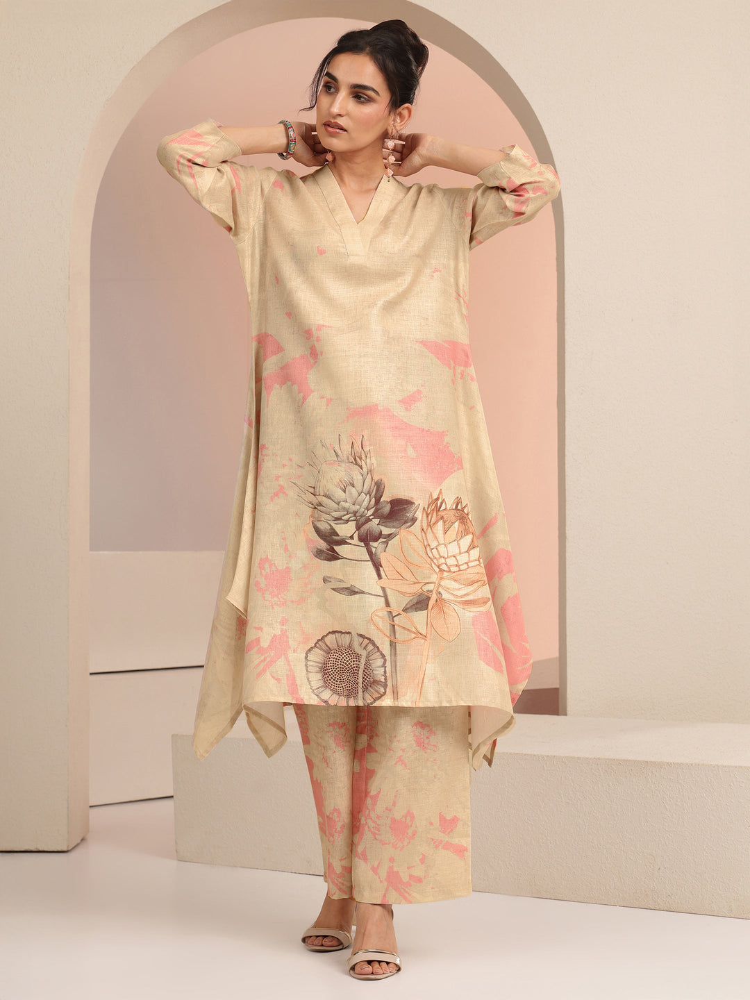  Beige Floral Printed Linen A-Line Kurta Set 