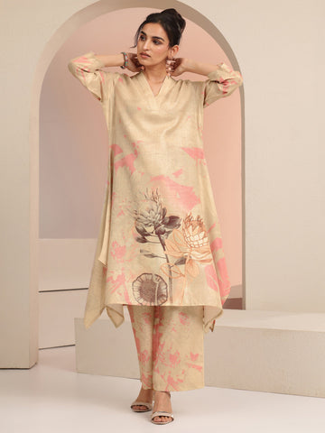 Libas Beige Floral Printed Linen A-Line Kurta Set
