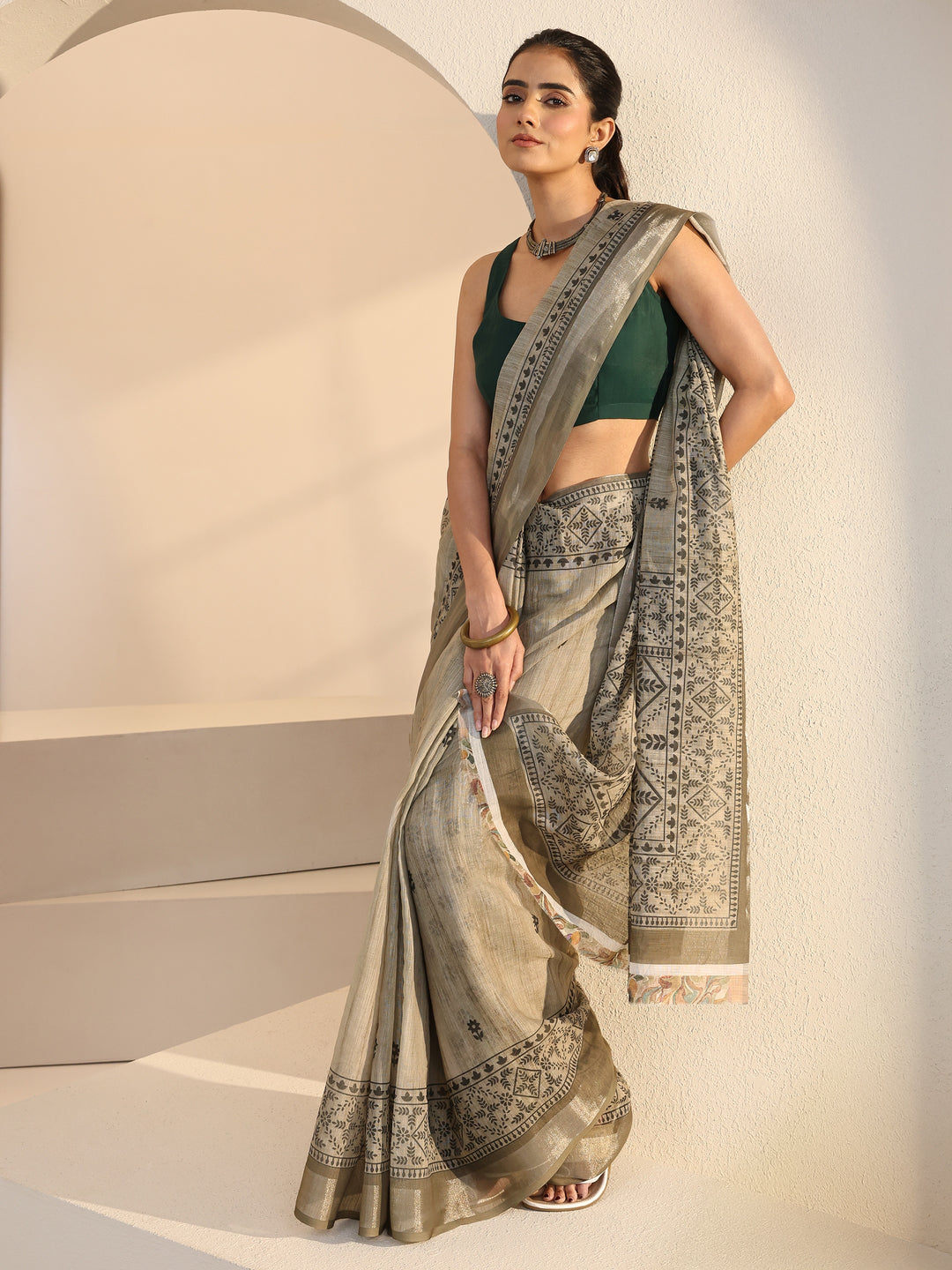  Beige Floral Print Cotton Blend Saree 