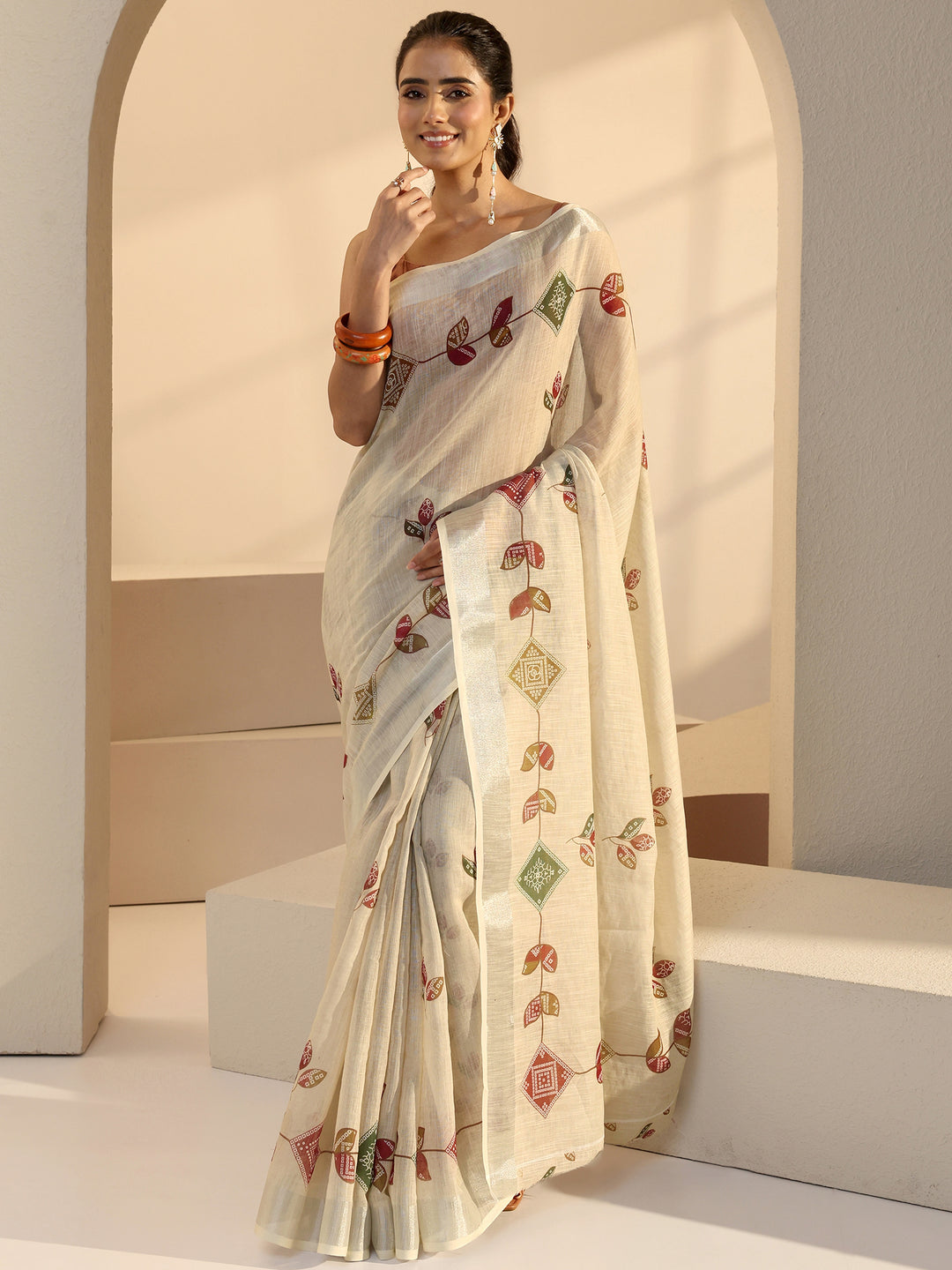  Beige Leafy Print Cotton Blend Saree 