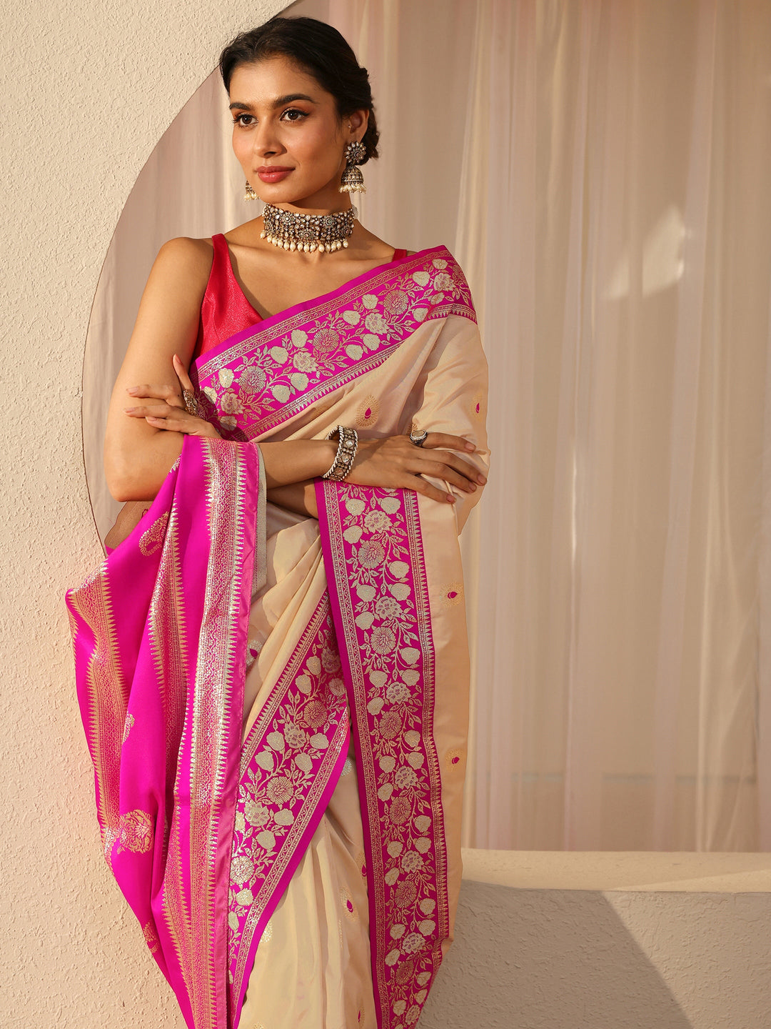  Beige Kanjeevaram Silk Blend Saree 