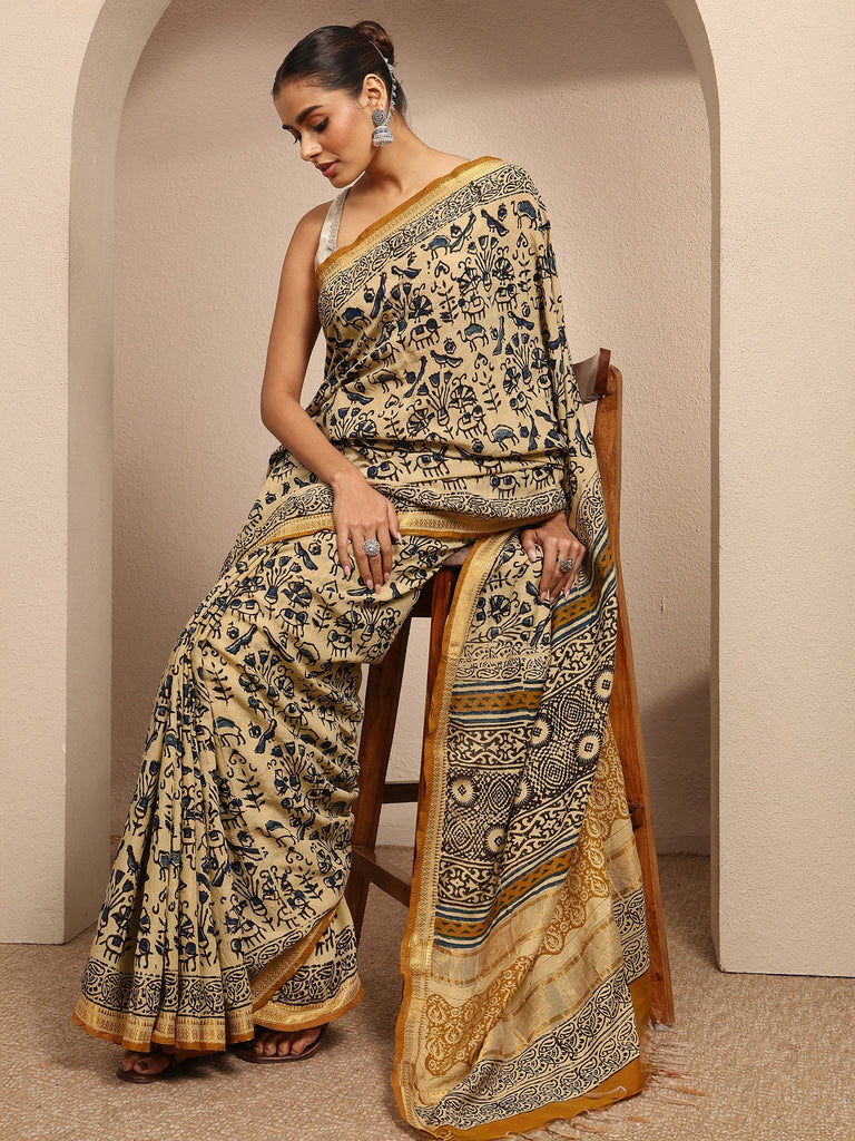 Libas Beige Printed Cotton Kalamkari Saree With Unstitched Blouse Piece