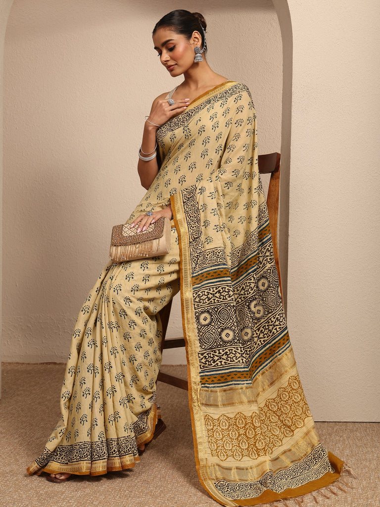 Libas Beige Printed Cotton Kalamkari Saree With Unstitched Blouse Piece