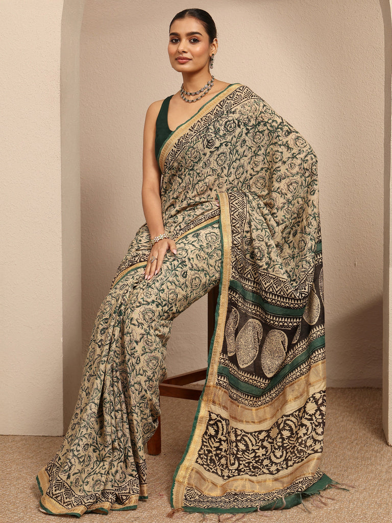 Libas Beige Printed Cotton Saree With Unstitched Blouse Piece