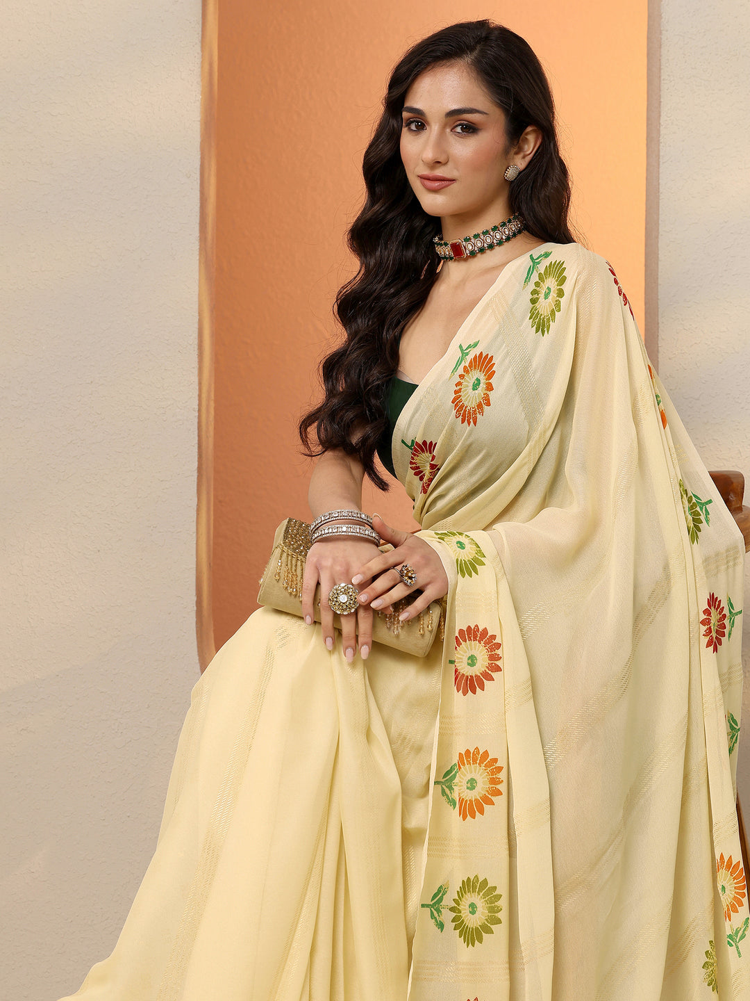  Beige Printed Georgette Saree With Unstitched Blouse Piece 