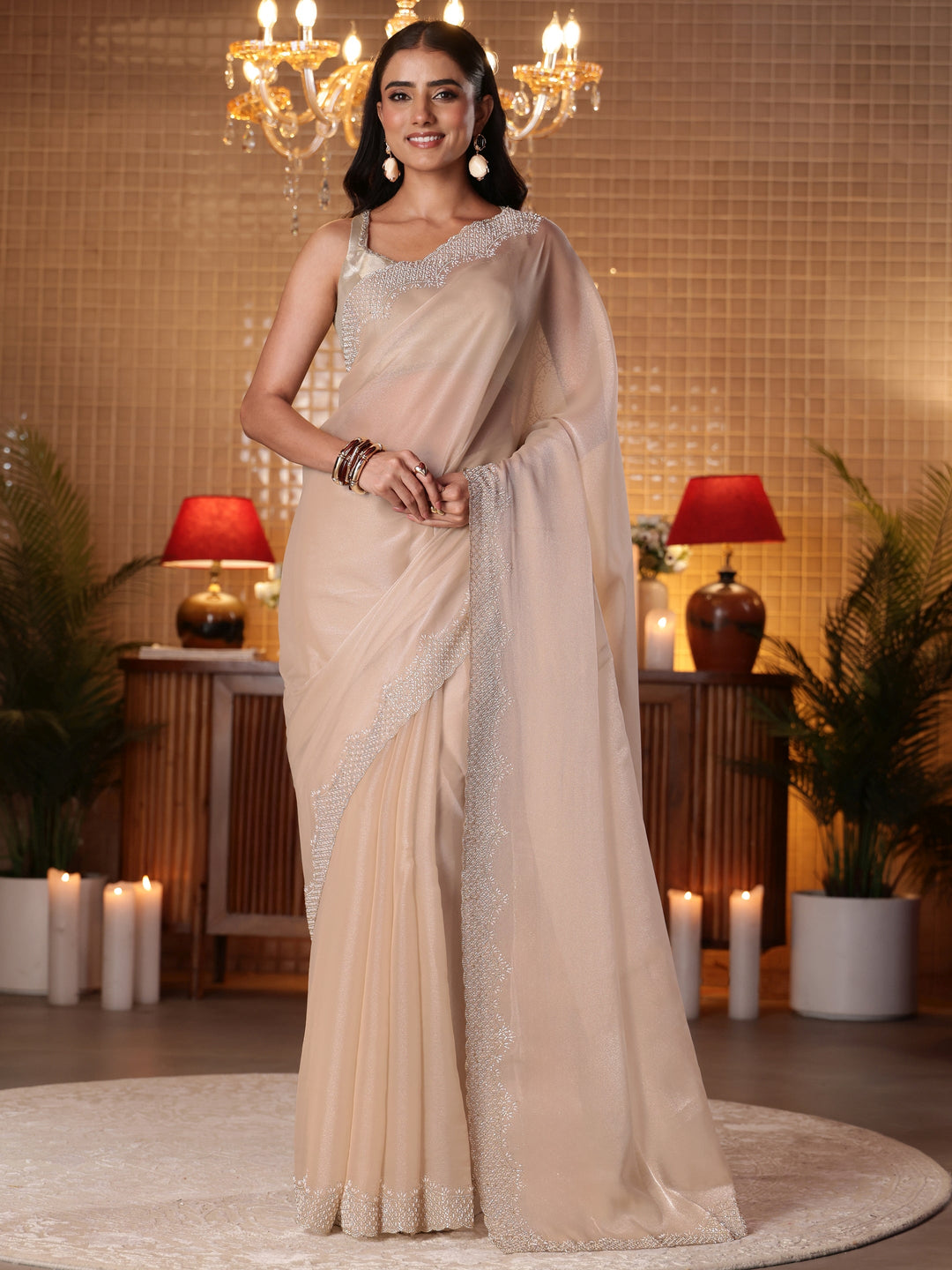  Beige Solid Net Saree 