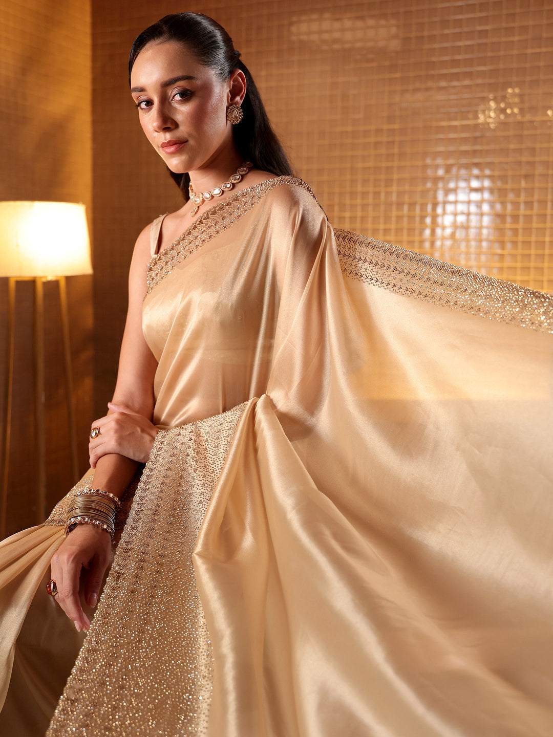  Beige Solid Net Saree 