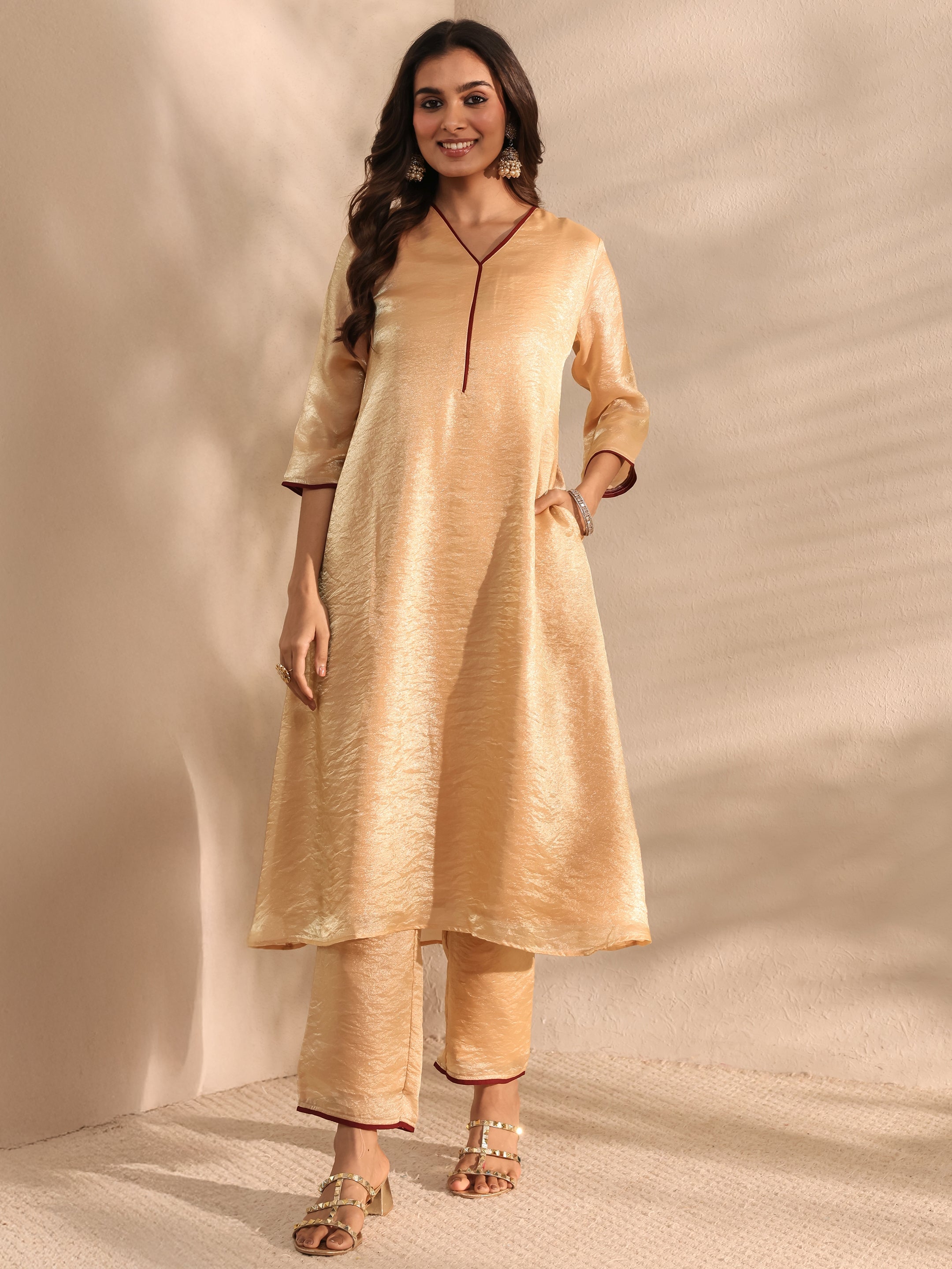 libas Beige Solid Silk Blend A-Line Kurta Set-picture-21