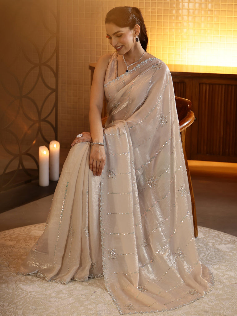 Libas Beige Striped Embellished Silk Blend Saree