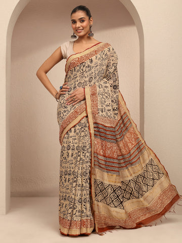 Beige Tribal Printed Cotton Saree With Unstitched Blouse Piece