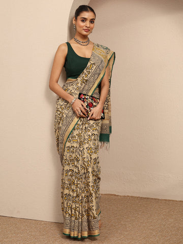 Beige Tribal Printed Cotton Saree With Unstitched Blouse Piece