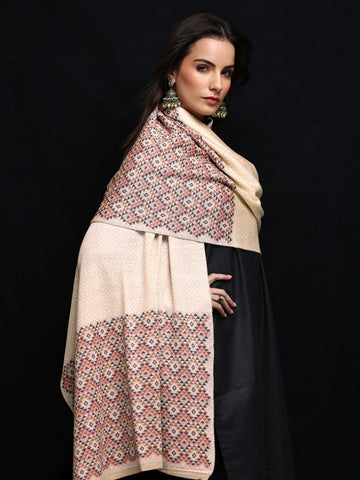 Beige Woven Design Wool Womens Shawl
