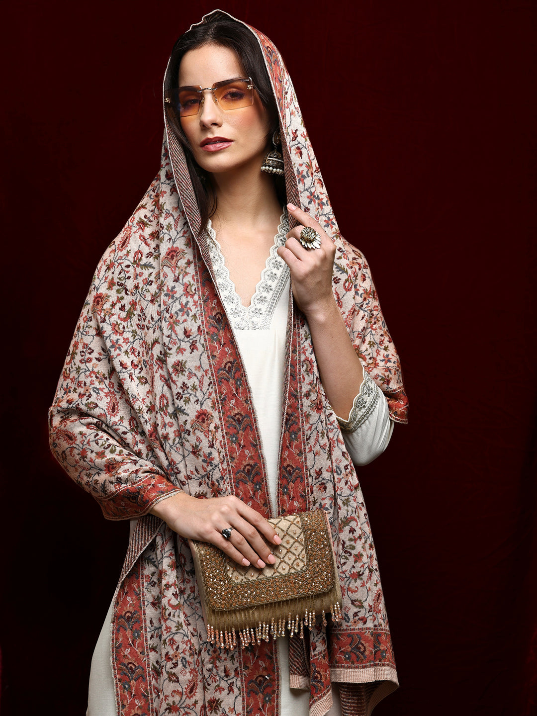 Beige Woven Design Wool Women'S Shawl